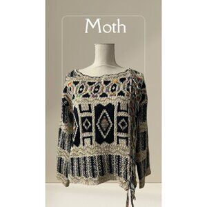 Moth Intarsia Knit Fringe Bohemian Textured Sweater Size Small